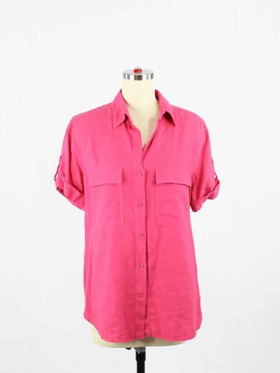 Aritzia Tops - Aritzia BABATON Utility Pink Linen Short Sleeve Button Up Shirt Blouse, Size XS